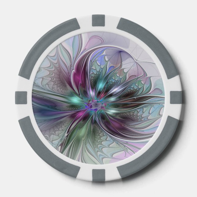 Colourful Fantasy Abstract Modern Fractal Flower Poker Chips (Front)