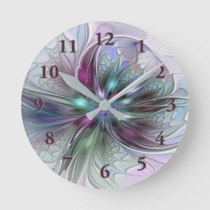Colourful Fantasy Abstract Modern Fractal Flower Round Clock
