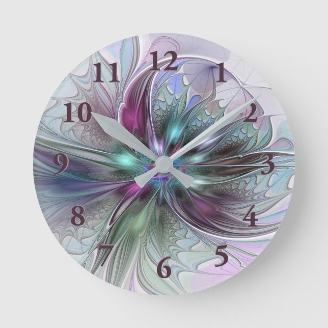 Colourful Fantasy Abstract Modern Fractal Flower Round Clock (Front)