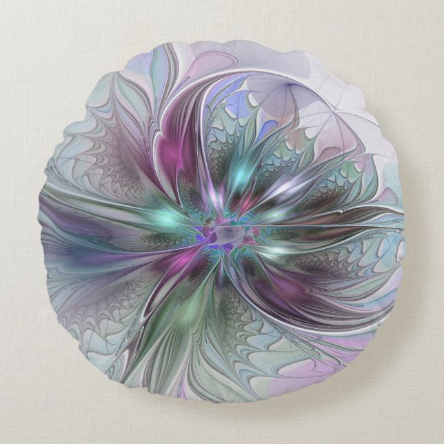 Colourful Fantasy Abstract Modern Fractal Flower Round Cushion (Front)