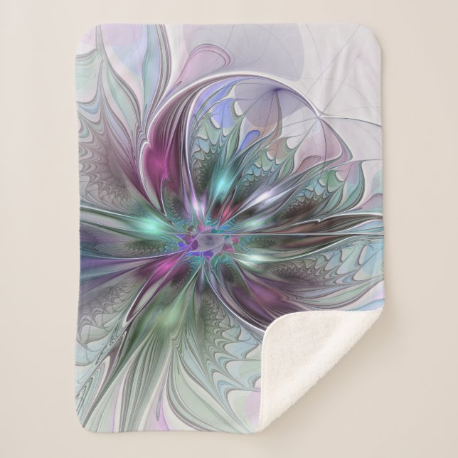 Colourful Fantasy Abstract Modern Fractal Flower Sherpa Blanket (Front)