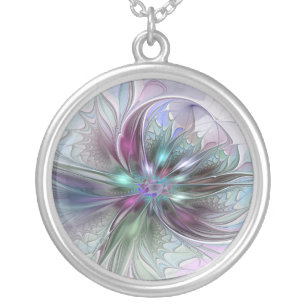 Colourful Fantasy Abstract Modern Fractal Flower Silver Plated Necklace