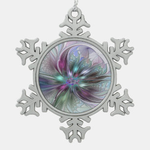 Colourful Fantasy Abstract Modern Fractal Flower Snowflake Pewter Christmas Ornament