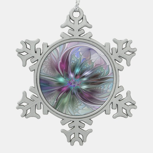 Colourful Fantasy Abstract Modern Fractal Flower Snowflake Pewter Christmas Ornament (Front)