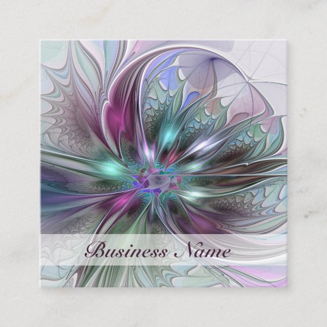 Colourful Fantasy Abstract Modern Fractal Flower Square Business Card (Front)
