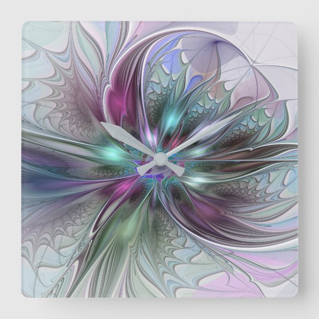 Colourful Fantasy Abstract Modern Fractal Flower Square Wall Clock (Front)