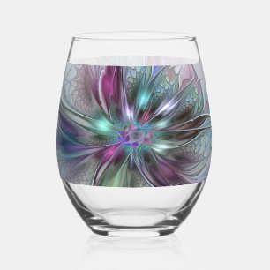 Colourful Fantasy Abstract Modern Fractal Flower Stemless Wine Glass