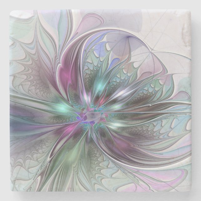 Colourful Fantasy Abstract Modern Fractal Flower Stone Coaster (Front)