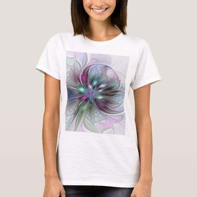 Colourful Fantasy Abstract Modern Fractal Flower T-Shirt (Front)
