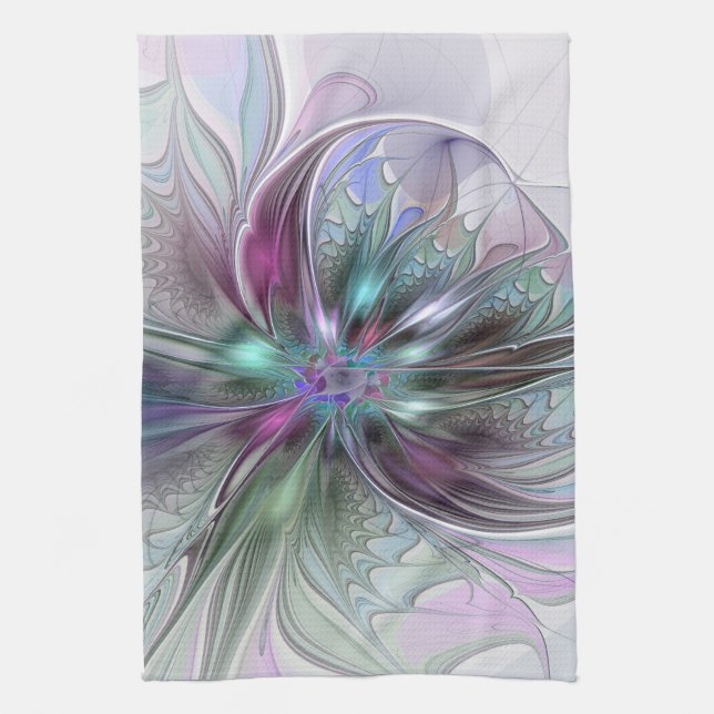 Colourful Fantasy Abstract Modern Fractal Flower Tea Towel (Vertical)