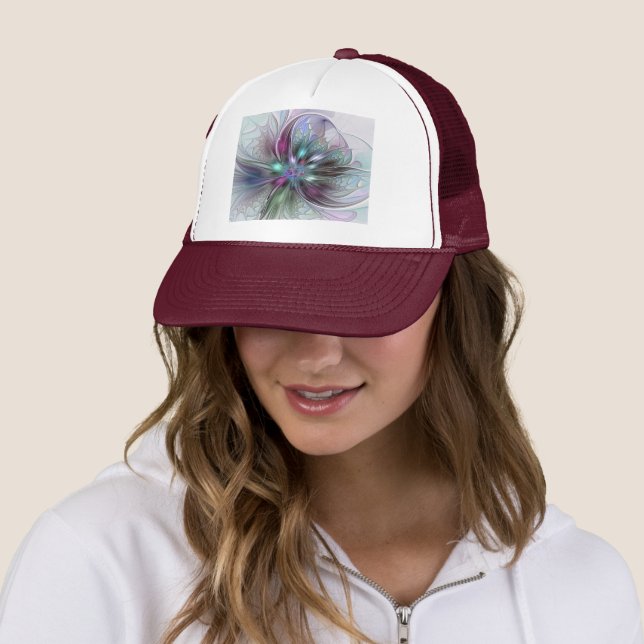 Colourful Fantasy Abstract Modern Fractal Flower Trucker Hat (In Situ)