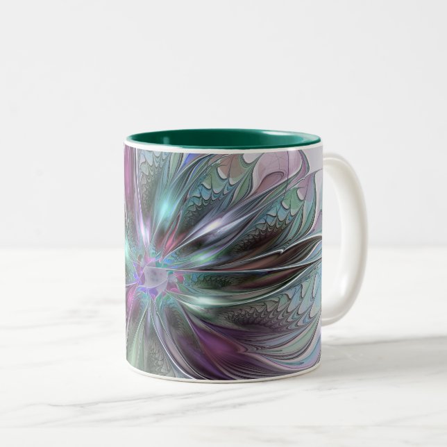 Colourful Fantasy Abstract Modern Fractal Flower Two-Tone Coffee Mug (Front Right)