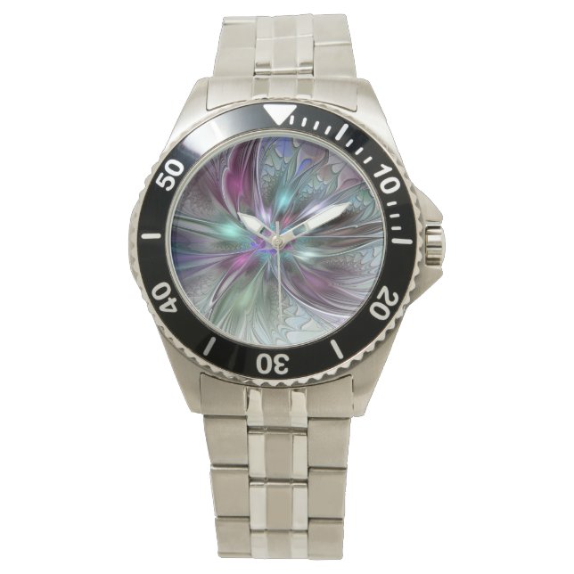 Colourful Fantasy Abstract Modern Fractal Flower Watch (Front)
