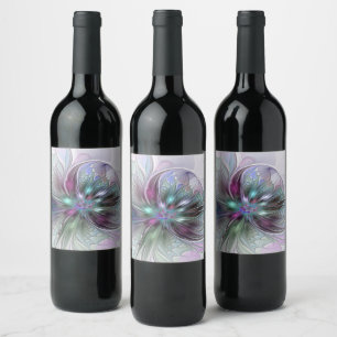 Colourful Fantasy Abstract Modern Fractal Flower Wine Label