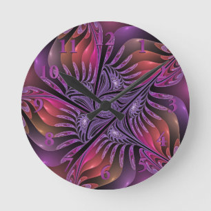 Colourful Fantasy Abstract Modern Purple Fractal Round Clock