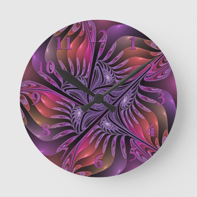 Colourful Fantasy Abstract Modern Purple Fractal Round Clock (Front)
