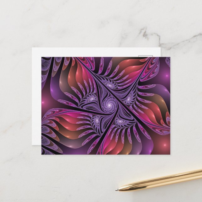 Colourful Fantasy Abstract Trippy Purple Fractal Postcard (Front/Back In Situ)