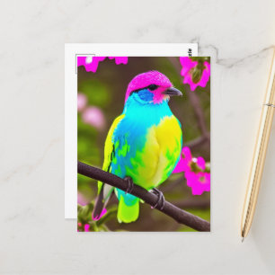 Colourful Fantasy Bird On a Branch With Flowers Postcard
