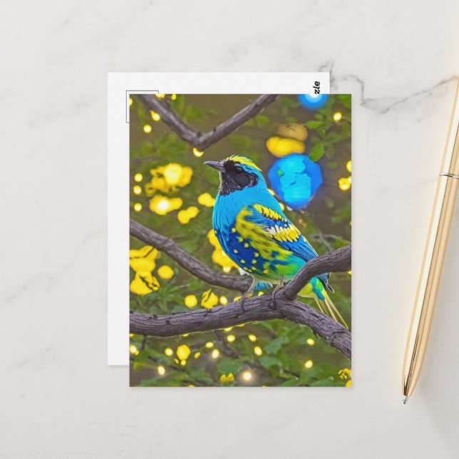 Colourful Fantasy Blue and Yellow Bird Postcard (Front/Back In Situ)