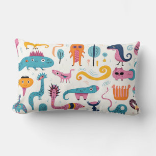 Colourful fantasy creatures on white lumbar cushion