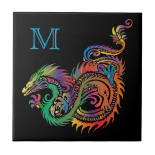 Colourful Fantasy Dragon Monogram Ceramic Tile