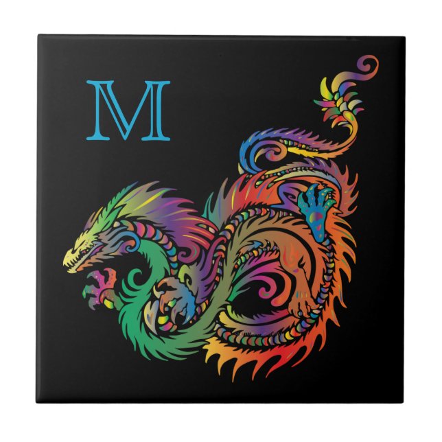 Colourful Fantasy Dragon Monogram Ceramic Tile (Front)