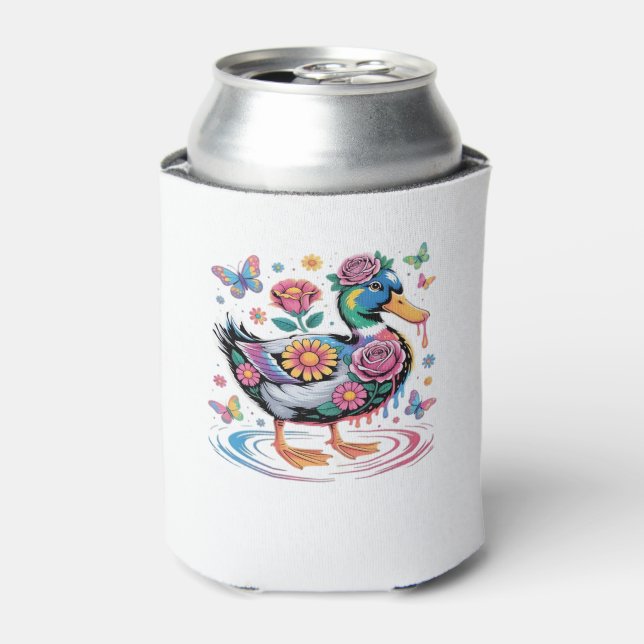Colourful Fantasy Duck with Flowers and Butterflie Can Cooler (Can Front)