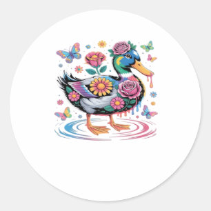 Colourful Fantasy Duck with Flowers and Butterflie Classic Round Sticker