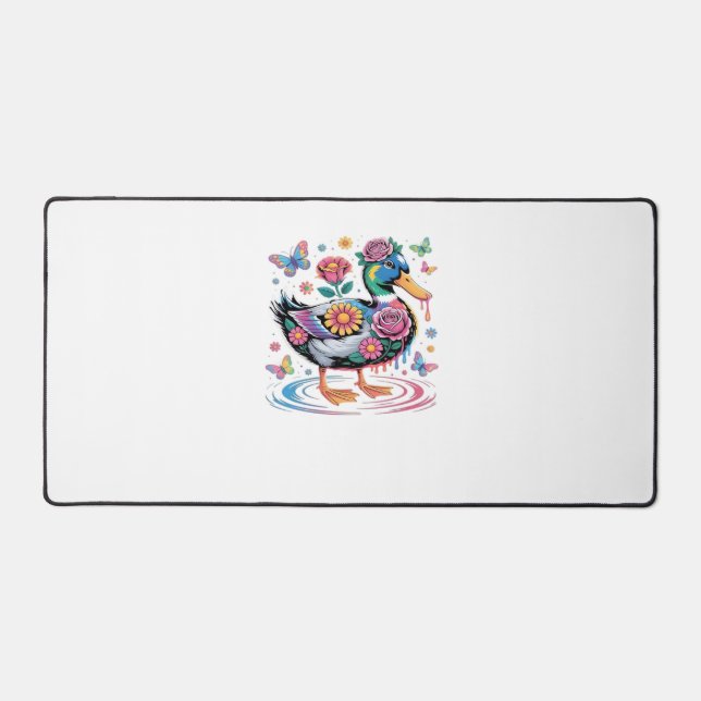 Colourful Fantasy Duck with Flowers and Butterflie Desk Mat (Front)