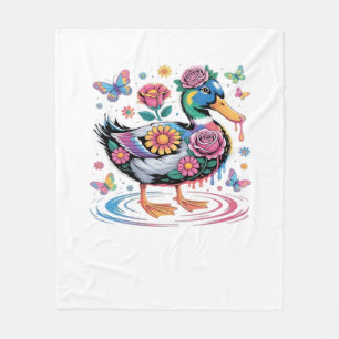 Colourful Fantasy Duck with Flowers and Butterflie Fleece Blanket