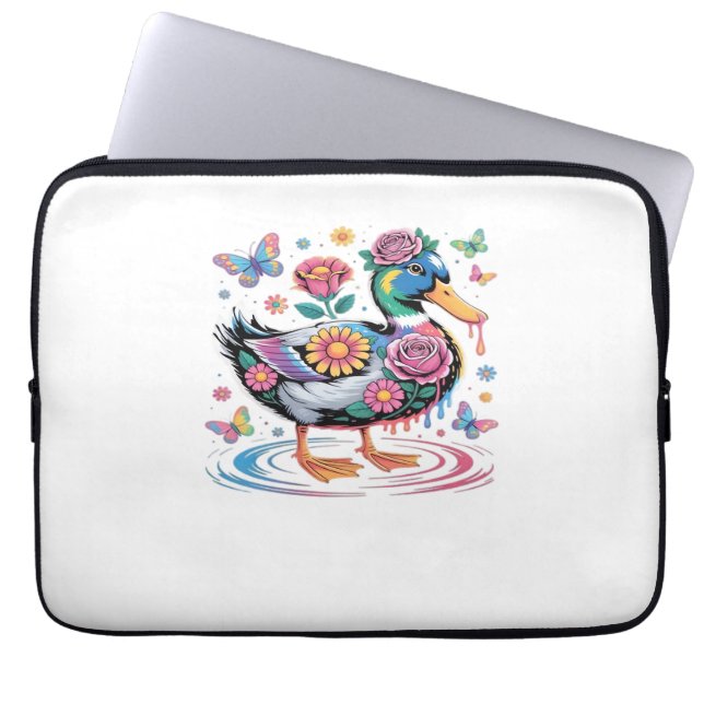 Colourful Fantasy Duck with Flowers and Butterflie Laptop Sleeve (Front)