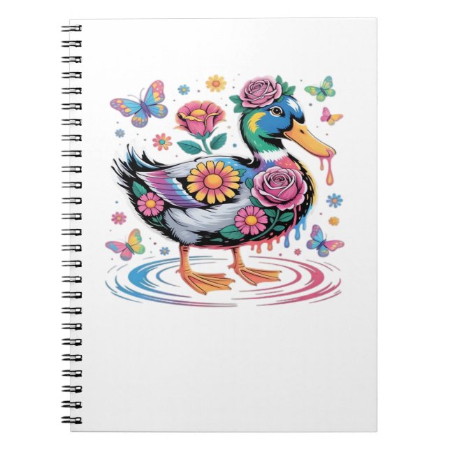 Colourful Fantasy Duck with Flowers and Butterflie Notebook (Front)