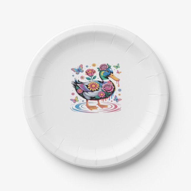 Colourful Fantasy Duck with Flowers and Butterflie Paper Plate (Front)