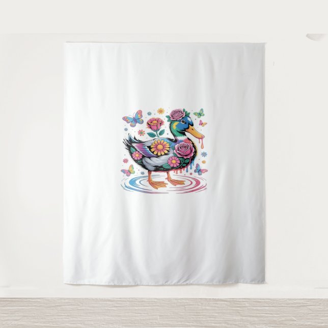 Colourful Fantasy Duck with Flowers and Butterflie Tapestry (Front)