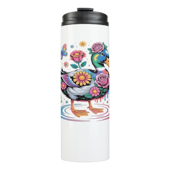 Colourful Fantasy Duck with Flowers and Butterflie Thermal Tumbler (Front)