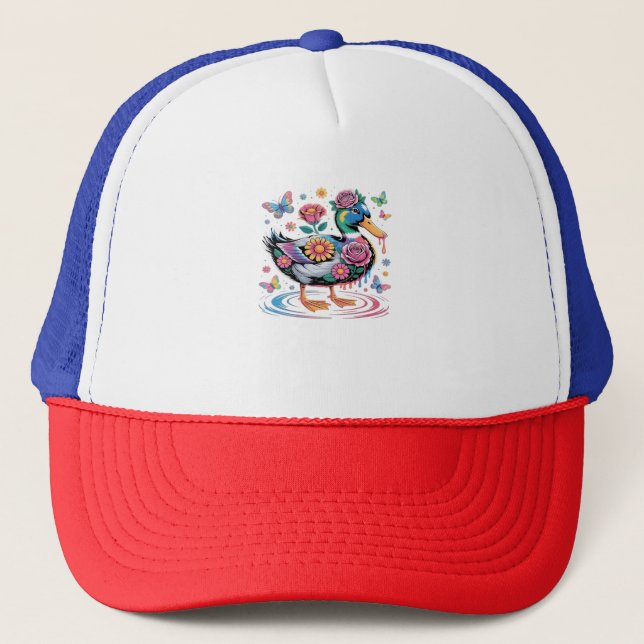 Colourful Fantasy Duck with Flowers and Butterflie Trucker Hat (Front)