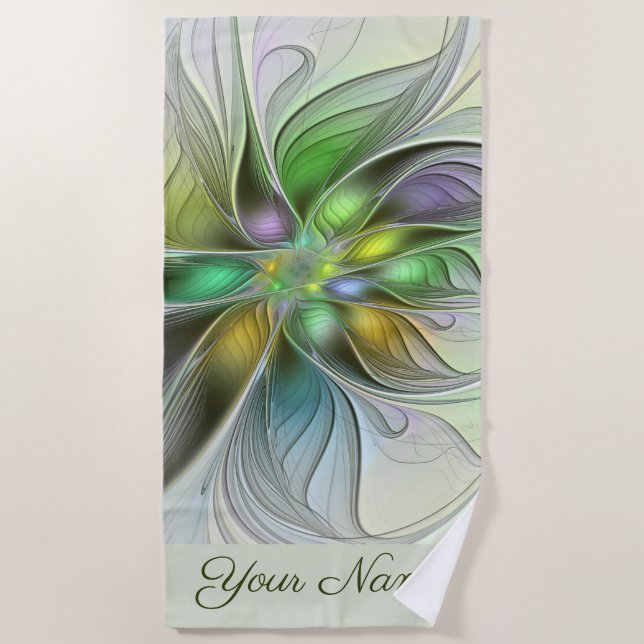 Colourful Fantasy Flower Abstract Fractal Own Name Beach Towel (Front)