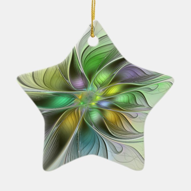 Colourful Fantasy Flower Modern Abstract Fractal Ceramic Ornament (Front)