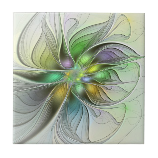 Colourful Fantasy Flower Modern Abstract Fractal Ceramic Tile (Front)