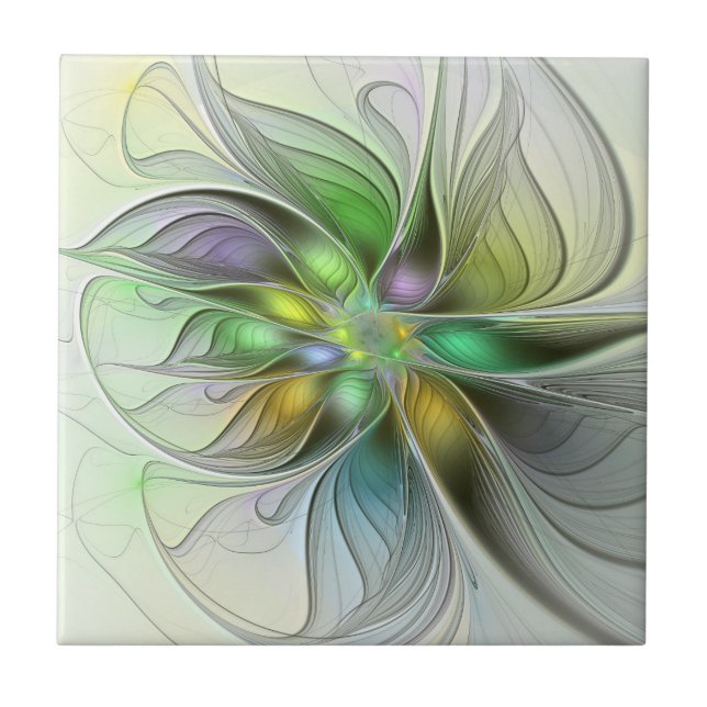 Colourful Fantasy Flower Modern Abstract Fractal Ceramic Tile (Front)