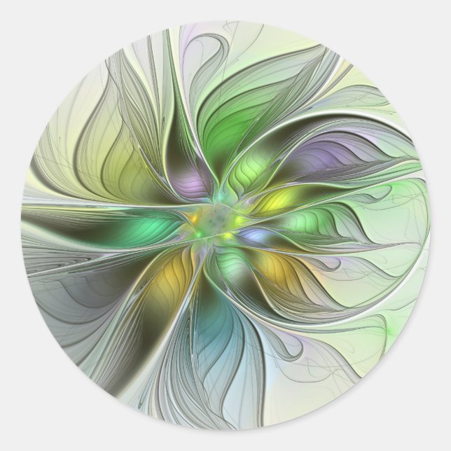 Colourful Fantasy Flower Modern Abstract Fractal Classic Round Sticker (Front)
