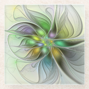 Colourful Fantasy Flower Modern Abstract Fractal Glass Coaster