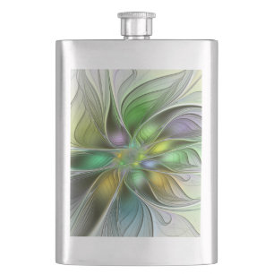 Colourful Fantasy Flower Modern Abstract Fractal Hip Flask