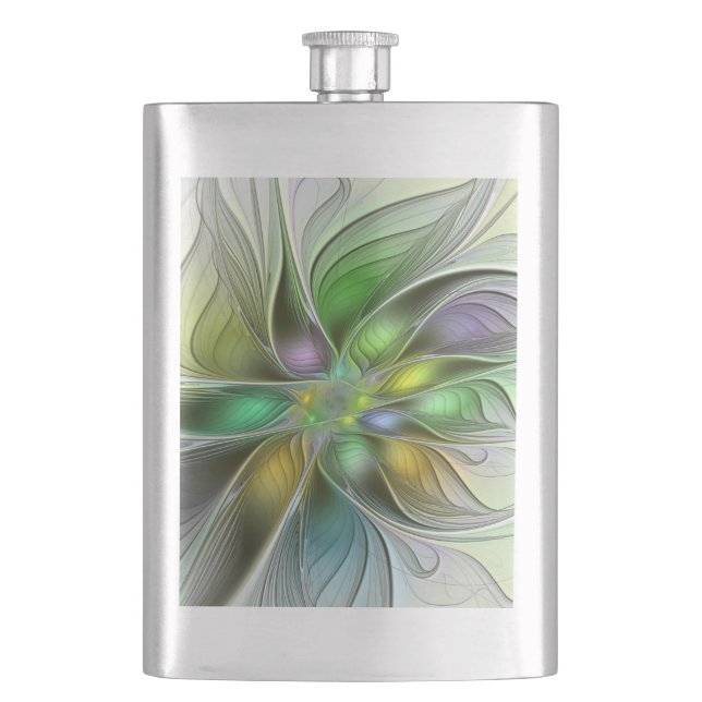 Colourful Fantasy Flower Modern Abstract Fractal Hip Flask (Front)