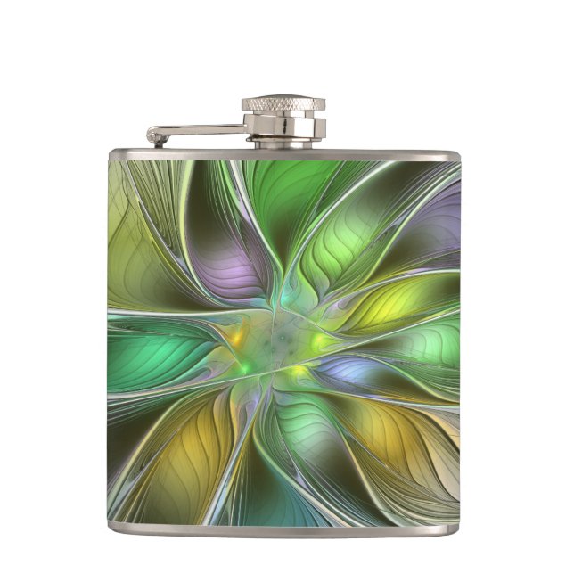 Colourful Fantasy Flower Modern Abstract Fractal Hip Flask (Front)