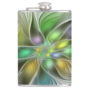 Colourful Fantasy Flower Modern Abstract Fractal Hip Flask