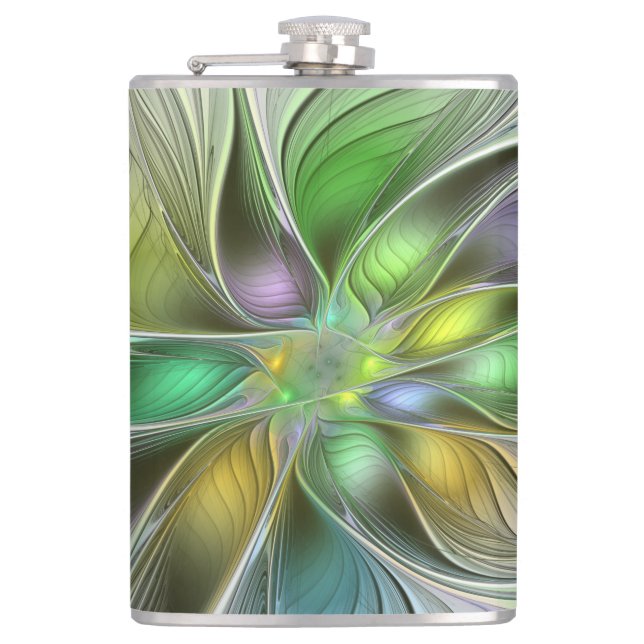 Colourful Fantasy Flower Modern Abstract Fractal Hip Flask (Front)