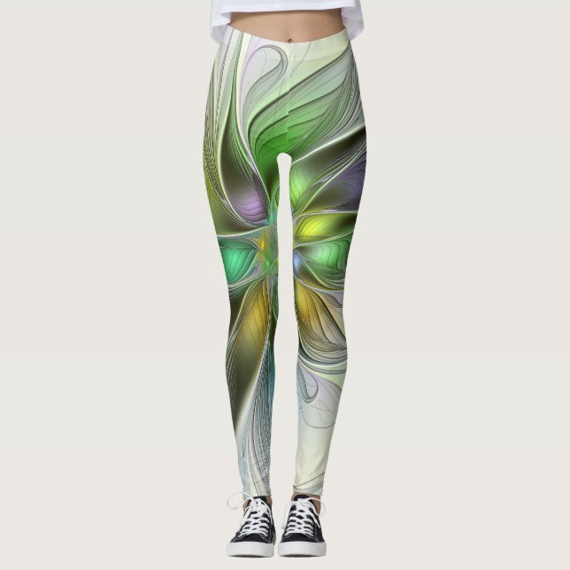 Colourful Fantasy Flower Modern Abstract Fractal Leggings (Front)
