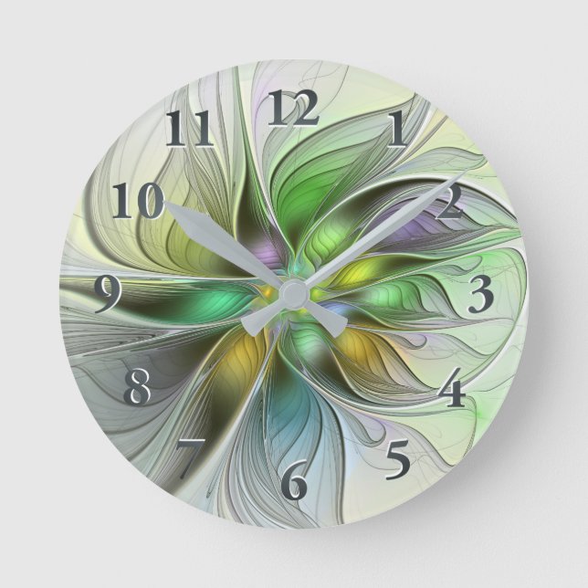 Colourful Fantasy Flower Modern Abstract Fractal Round Clock (Front)