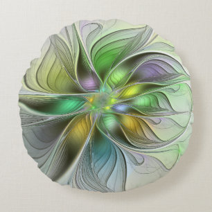 Colourful Fantasy Flower Modern Abstract Fractal Round Cushion